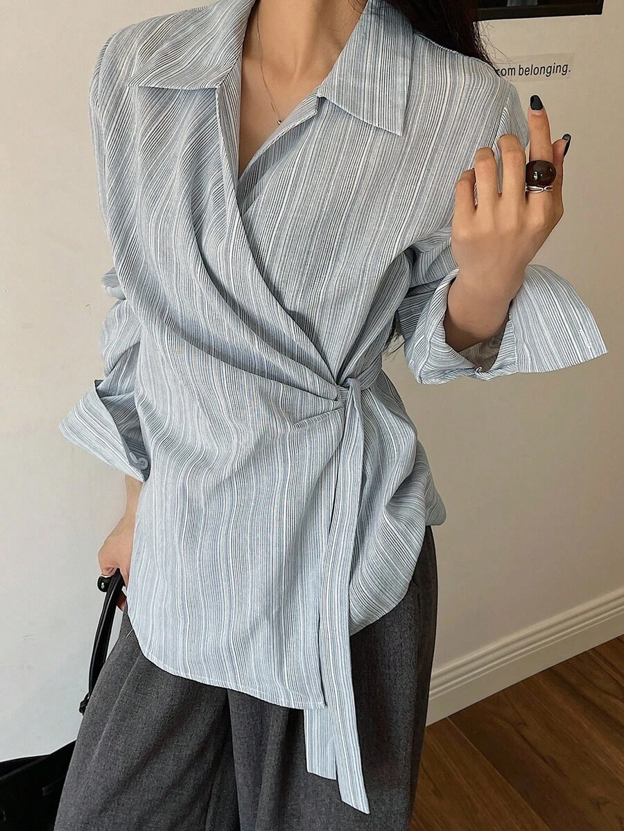 Livesso Women's Autumn Oblique Collar Tie-Up Striped Casual Shirt Long Sleeve Top