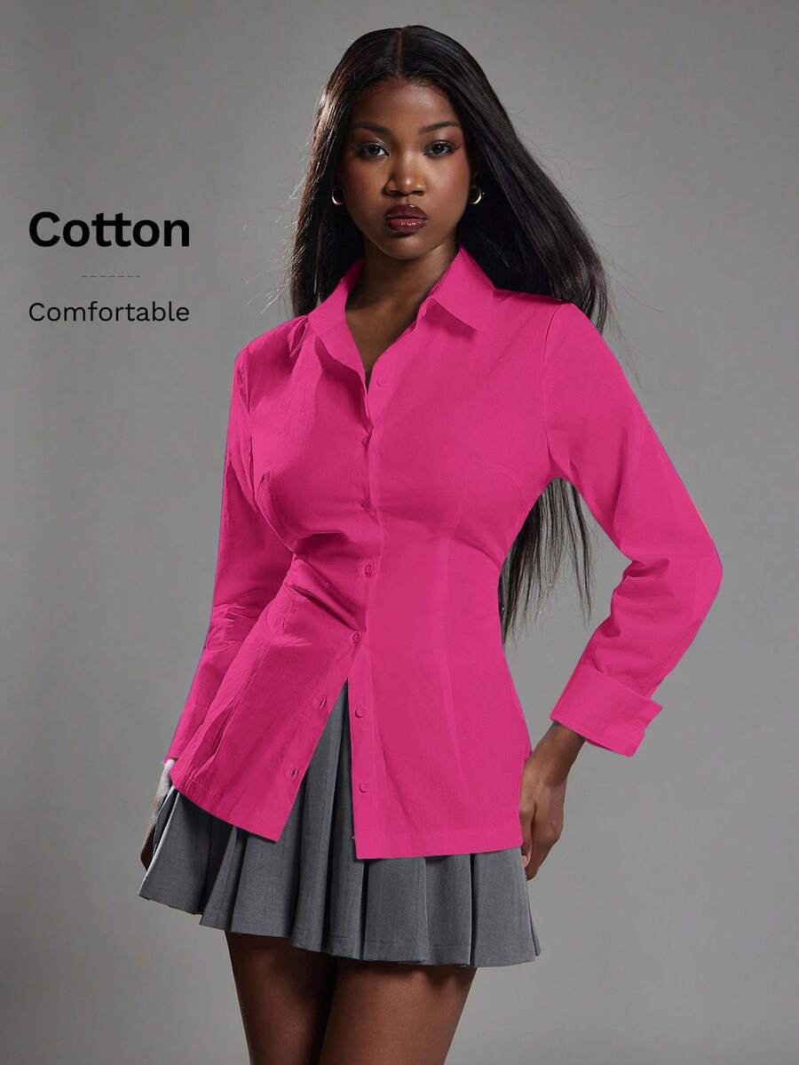 NYA SZN Tops Long Sleeve Button Collar Everyday Casual Business Casual Businesswear Office Siren Wedding Guest Cotton Spring Summer Tops For Women - Hot Pink - View 1