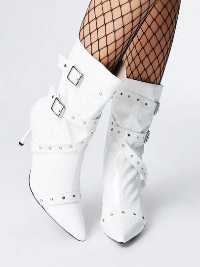 Grunge Punk Stivaletti corti con punta affusolata e tacco a spillo con borchie, stile punk europeo e americano, con cerniera laterale e vestibilità aderente, per donne, autunno/inverno 2025