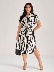 Comfylo Vestido casual de talla grande con estampado y dobladillo asimétrico con nudo para mujer