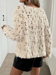 Easowa Cream White,Autumn,Elegant,Dining Women's Fluffy Sequin Pullover Sweatshirt,Round Neck Long Sleeve Loose Gold Top For Party,Halloween & Christmas - Apricot - View 5
