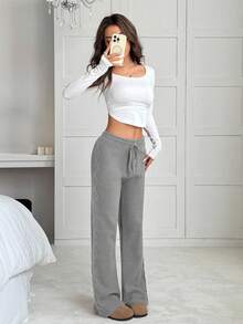 EURMUSE Quần ống rộng dệt kim dày có dây rút eo rộng rãi thường ngày cho nữ, mùa thu/đông - Xám - Xem 5