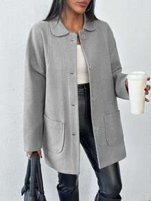 EURMUSE Cotton Knitted Overcoat Drop Shoulder Double Pocket Coat Easy To Style Perfect For Autumn And Winter - Grey - View 8