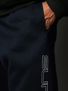 SUMWON Loungewear Essential Wide Leg Sweatpants Side Logo Print Drawstring Waist Soft Winter Cozy Pants Elastic Cuffs Street Style Urban Fashion Plain - Navy Blue - View 5