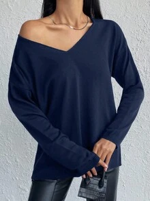 Maglione casual oversize da donna a maniche lunghe con scollo a V e spalle cadenti, in colore unito