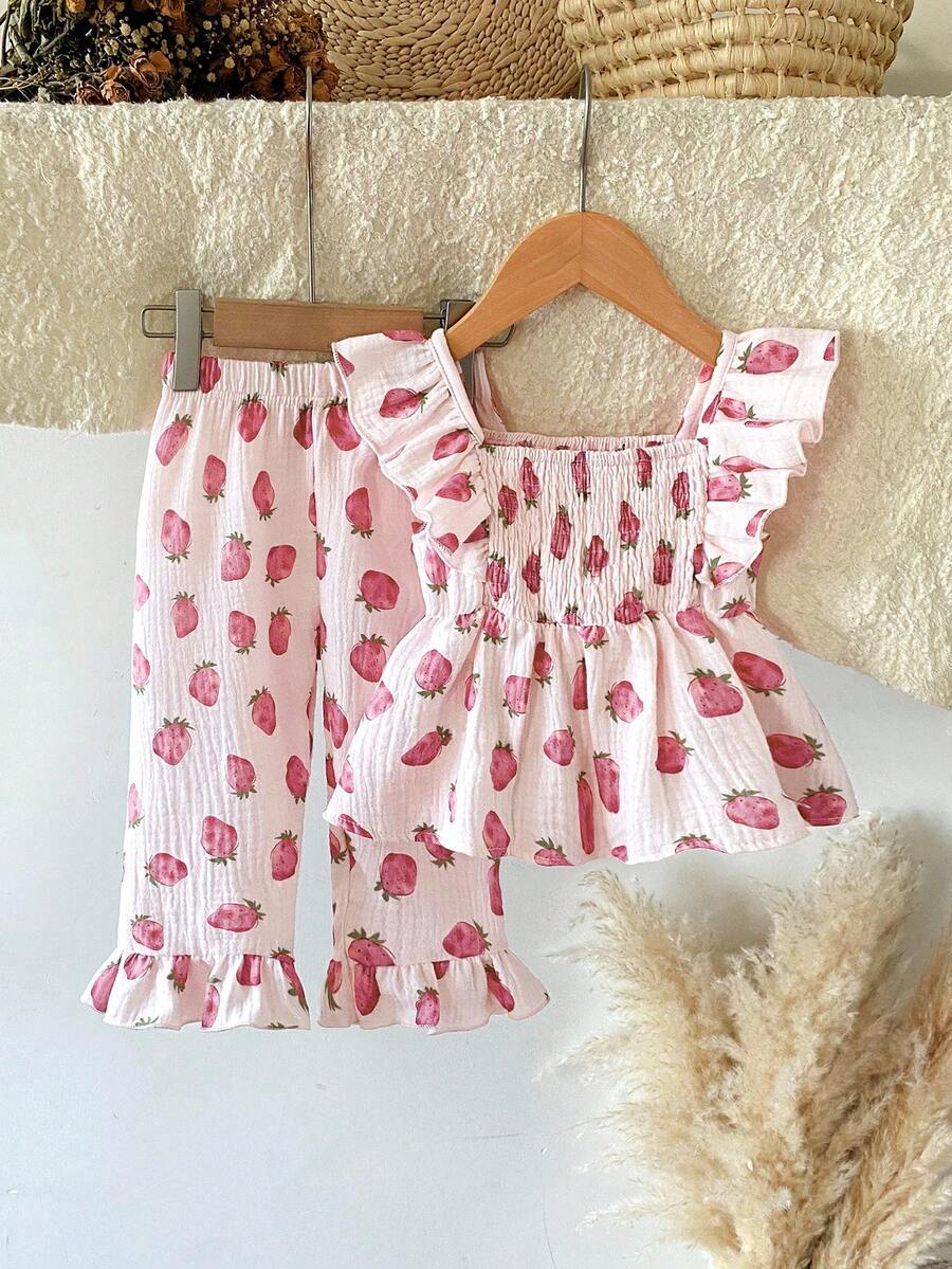 女婴可爱草莓印花背心和裤子两件套 - 粉色 - 查看 1