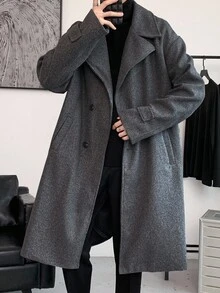 Claim Dot Loose Fit Men's Lapel Collar Drop Shoulder Belted Long Sleeve Overcoat, Fall Winter - Grey - View 3