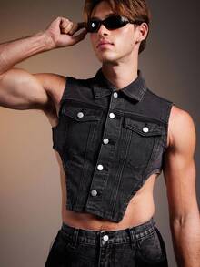 FeverCity Men's Fashionable Sexy Asymmetric Hem Sleeveless Denim Top, Summer