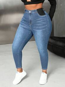 SHEIN PETITE CURVE Quần jean bó co giãn màu xanh denim cỡ lớn cho nữ - Rửa nhẹ - Xem 5