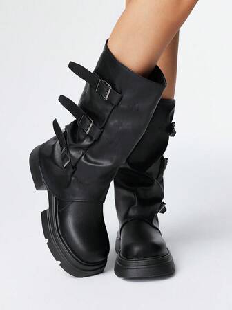 Grunge Punk Stivali da motociclista da donna neri con fibbia, stivali alti in pelle con tacco basso, stivali con punta tonda e polpaccio a metà gamba, casual da strada punk campus