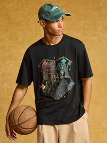 HARRY POTTER X SHEIN 男士休闲宽松动物徽章印花落肩黑色T恤，夏季 - 黑色 - 查看 1