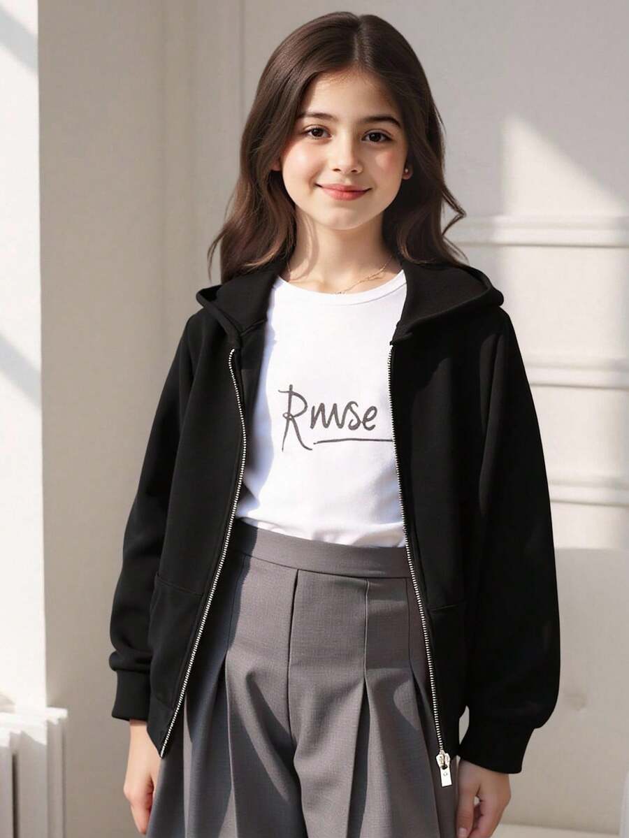 SHEIN Tween Girl Zip Up Hooded Sweatshirt Without Tee