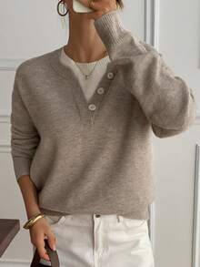 DAZY Casual Color Block Henley Neck Pullover, Soft Knit 2 In 1 Sweater For Women Fall