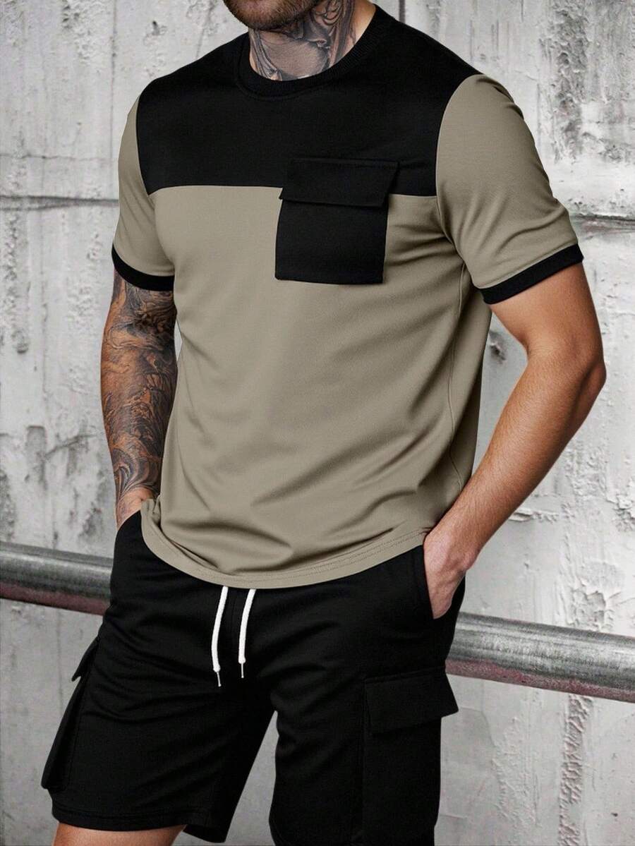 Manfinity Homme Men's Summer Casual Pocket Patchwork T-Shirt And Shorts Set