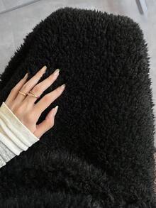 FRIFUL Women's Black Solid Color Fuzzy Textured Elastic Waist Loose Casual Versatile Straight Long Skirt, Autumn/Winter - Black - View 3