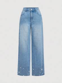 SHEIN MOD Calça jeans feminina folgada e casual com bolsos, calça larga com lantejoulas bordadas - Azul - Ver 5