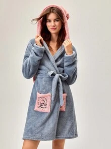 Loomlin Penguin Embroidery 3D Ear Design Hooded Belted Flannel Robe Bunny Robe Womens Fluffy Robes Hooded Robes For Women Womens Sleepwear - Multicolor - View 4