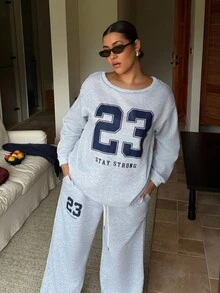 Dripcurv Plus Size Street Fashion Plus Size Number Printed Thermal Lined Sweatshirt And Sweatpants 2 Pieces Set, Suitable For Autumn/Winter - Light Grey - View 4