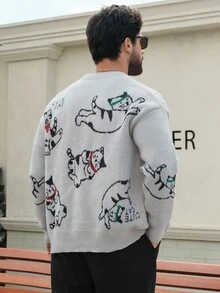DAZY Men's Grey Cardigan Sweater With Letter & Kitten Jacquard Design, Autumn