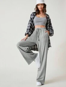 SHEIN BASICS 100% Cotton Wide Leg Drawstring Waist Trousers - Light Grey - View 3