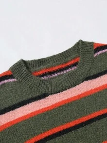 Manfinity ZONE917 男士休闲日常街头撞色条纹套头衫，秋冬 - 綠色 - 查看 4