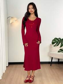 SHEIN 少女休闲简约舒适V领长袖束腰连衣裙 - 紅色 - 查看 6