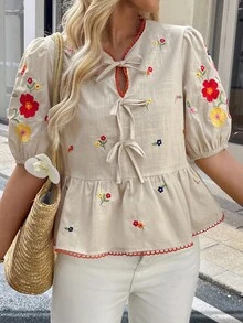 Comfylo 大码女士休闲花卉刺绣衬衫，适合度假外出穿着，秋季女装 - 黃色 - 查看 9