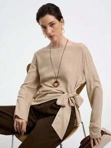 Aalyst Casual & Commute Fashionable High-End Linen Blend Woven Fabric Round Neck Raglan Long Sleeve Tie Waist Slim Asymmetrical Hem Women Blouse Fall Cloth For Women