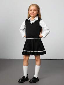 Elladie kids Vestă tricotată în stil universitar pentru fete tinere, cămașă albă cu mânecă lungă, costum din 3 piese, uniformă școlară pentru copii, haine pentru fete, seturi de fuste plisate negre și albe pentru copii, haine drăguțe pentru școală, uniformă școlară pentru fete, fustă școlară pentru fete, ținută alb-negru - Negru - Vizualizare 1