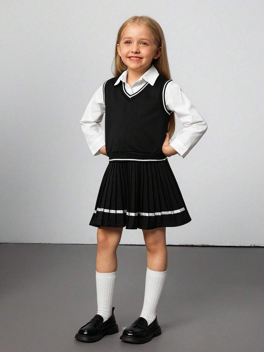 Elladie kids Vestă tricotată în stil universitar pentru fete tinere, cămașă albă cu mânecă lungă, costum din 3 piese, uniformă școlară pentru copii, haine pentru fete, seturi de fuste plisate negre și albe pentru copii, haine drăguțe pentru școală, uniformă școlară pentru fete, fustă școlară pentru fete, ținută alb-negru - Negru - Vizualizare 1