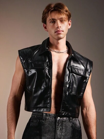 FeverCity 男式纯色 PU 皮革休闲背心，带口袋，秋冬