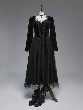 Goth Gothic Dark Queen Style Witch Halloween Outfit, Deep V-Neck Lace Trim Velvet A-Line Plus Size Dress