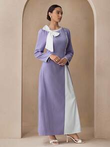 Graceveil Damen lila elegantes Kleid mit asymmetrischem Kragen, Kontrastfarbe und Schleifen-Dekor