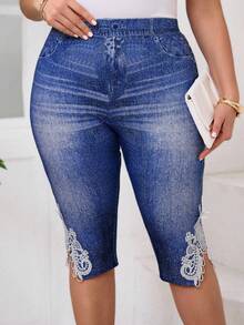 Chikora Plus Size Denim Effect Lace Patchwork Leggings - Blue - View 6