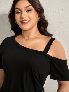Comfylo Plus Size Summer Casual Solid Color Asymmetric Collar Ruched T-Shirt Business Casual Fall Clothes Plus Size Business Casual Fall Clothes Plus Size - Black - View 4