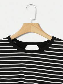 SHEIN Essnce 女式休闲条纹蝙蝠袖镂空后背T恤，夏季 - 黑色 - 查看 3