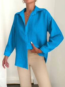 EURMUSE Casual Solid Color Dropped Shoulder Loose Fit Long Sleeve Shirt - Blue - View 4