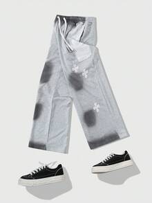 ROMWE MEN Grunge Punk 男士直筒运动裤，饰有美式街头风格小马和十字图案印花 - 灰色 - 查看 7