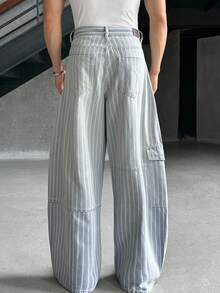 SWAVVY Men's Casual Loose Cargo Pocket Denim Striped Cargo Pants - Light Wash - View 3