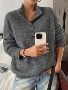 DAZY 柔软舒适的女士高领灰色毛衣，复古风格冬秋打底衫 - 灰色 - 查看 6