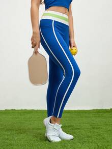 SHEIN Unity Celana Legging Yoga Wanita Modis dengan Warna Kontras, Pinggang Tinggi, dan Model Skinny - Biru - View 1