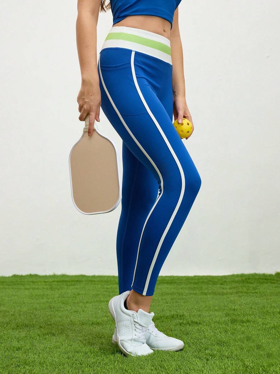 SHEIN Unity Celana Legging Yoga Wanita Modis dengan Warna Kontras, Pinggang Tinggi, dan Model Skinny - Biru - View 1