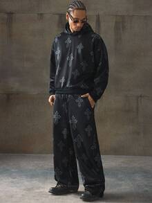 AXEPEAK Sudadera con capucha y pantalón de chándal con estampado de cruz para hombre, conjunto casual para otoño e invierno - Negro - Ver 4