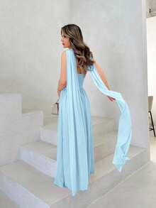 Jemour 女士优雅派对纯色露肩连衣裙 - 藍色 - 查看 2