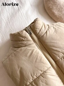 女童休闲束腰背心，秋冬季外套 - 卡其色 - 查看 3