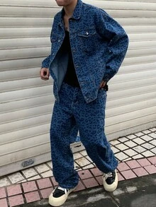 Manfinity EMRG 男士豹纹休闲长袖夹克和牛仔裤套装中性款 Z 世代印花蓝色 OVERSIZE 街头秋季服装 - 中等水洗藍 - 查看 1