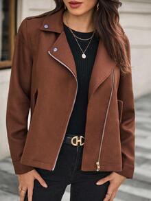 SHEIN Unity Chaqueta delgada y versátil con cuello de solapa para mujer - Café integral - Ver 4