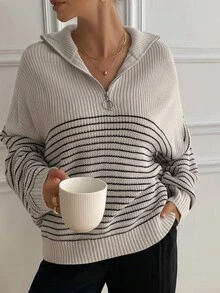 DAZY Stylish Black & White Striped Stand Collar Zip-Up Long Sleeve Sweater, Casual Oversized Pullover For Women Winter - Black and White - View 3