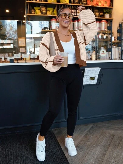 SAYEHFBABY Contrast Trim Lantern Sleeve Duster Cardigan,Long Sleeve Tops