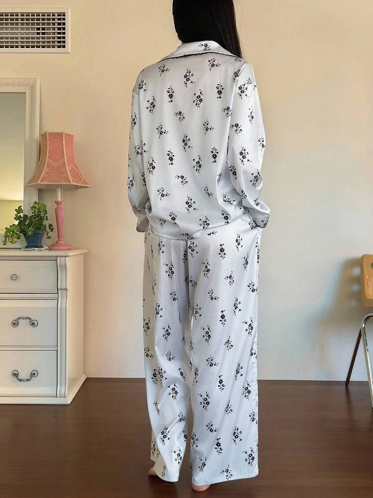 Ditsy Floral Contrast Lace Trim Women Pajama Set, Fall Clothes